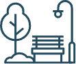 A line icon featuring a bench and tree in the background, inspired by Mayfair homes.